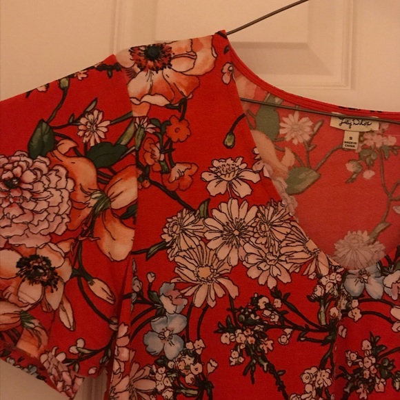 Red Orange Blouse Floral Tie Knot Short Sleeve - Picture 6 of 9